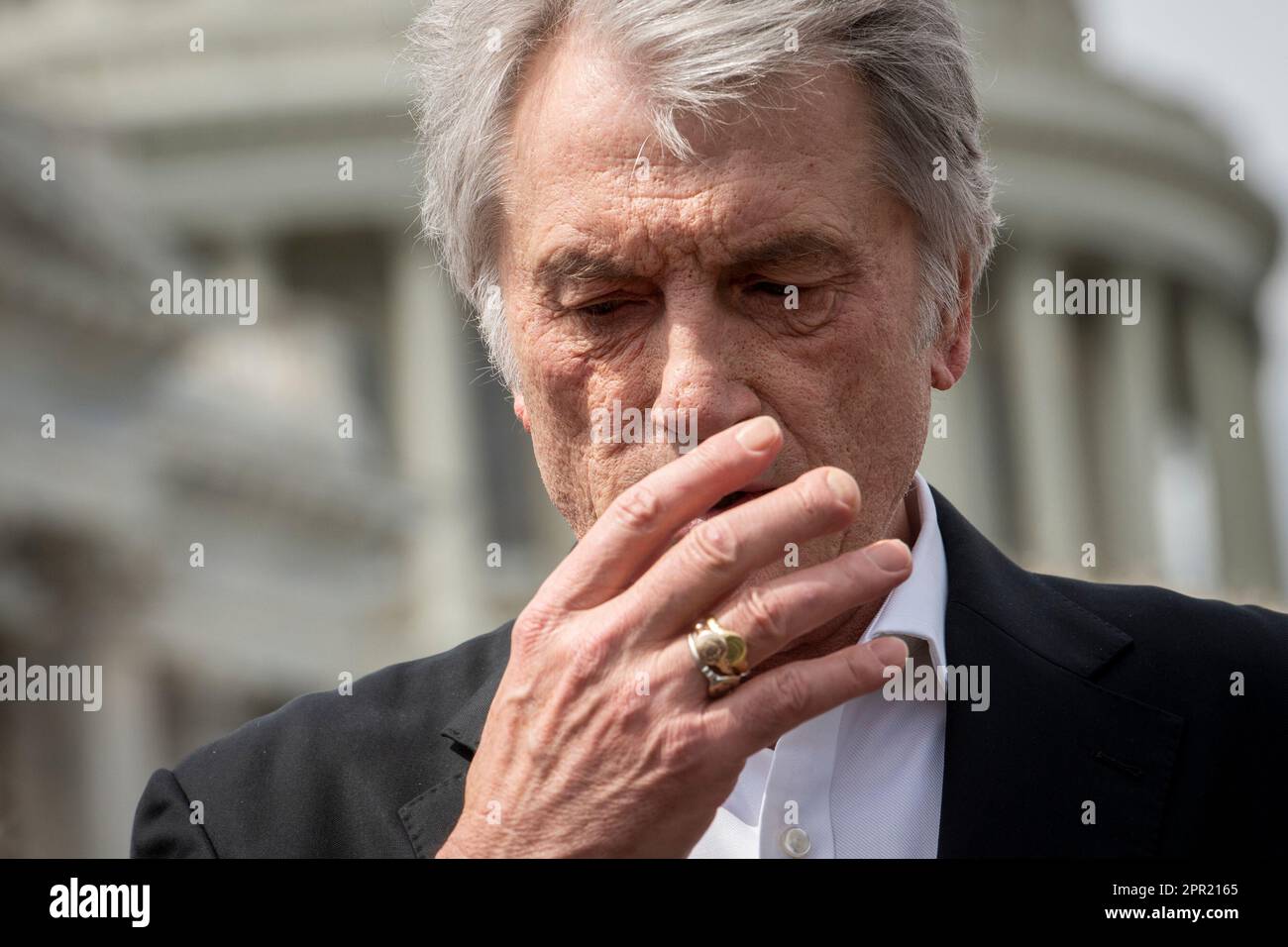 Former Ukrainian President Viktor Yushchenko offers remarks on a Ukrainian Victory Resolution during a press conference a the US Capitol in Washington, DC, Tuesday, April 25, 2023. Credit: Rod Lamkey/CNP Stock Photo
