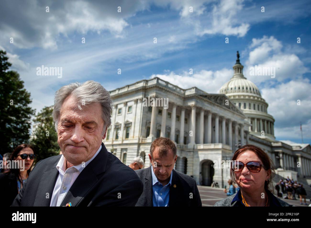 Former Ukrainian President Viktor Yushchenko arrives to offer remarks during a press conference on the Ukrainian Victory Resolution at the US Capitol in Washington, DC, Tuesday, April 25, 2023. Credit: Rod Lamkey/CNP Stock Photo