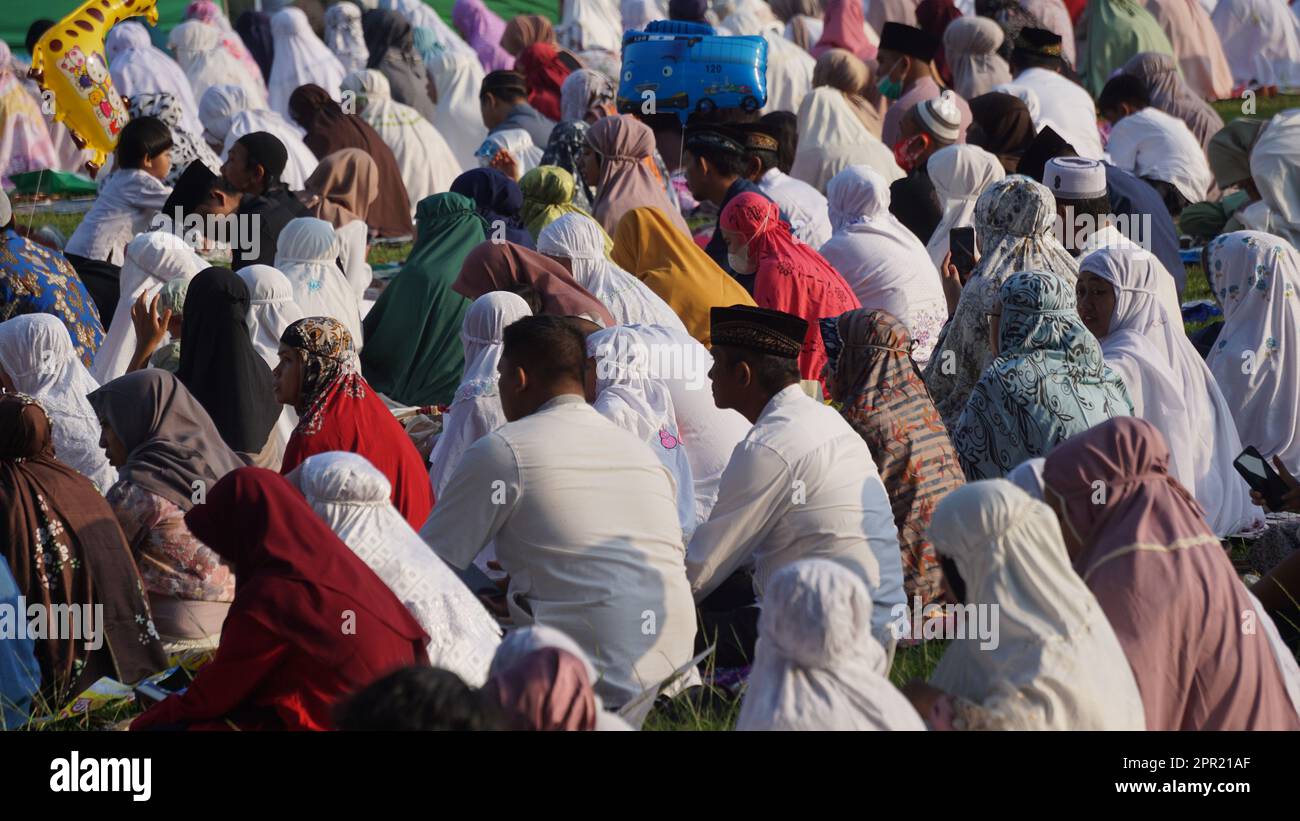 Muslims in the field pray Idul Fitri in the morning Stock Photo
