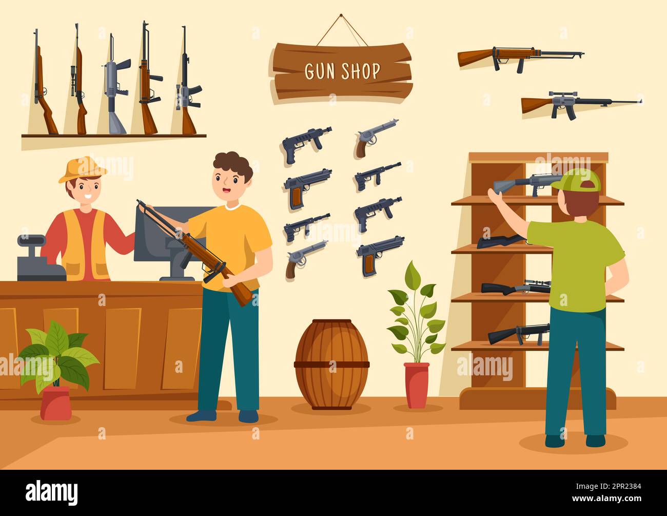 Gun Shop or Hunting with Rifle, Bullet, Weapon and Hunt Equipment in Flat Style Cartoon Hand Drawn Templates Illustration Stock Vector