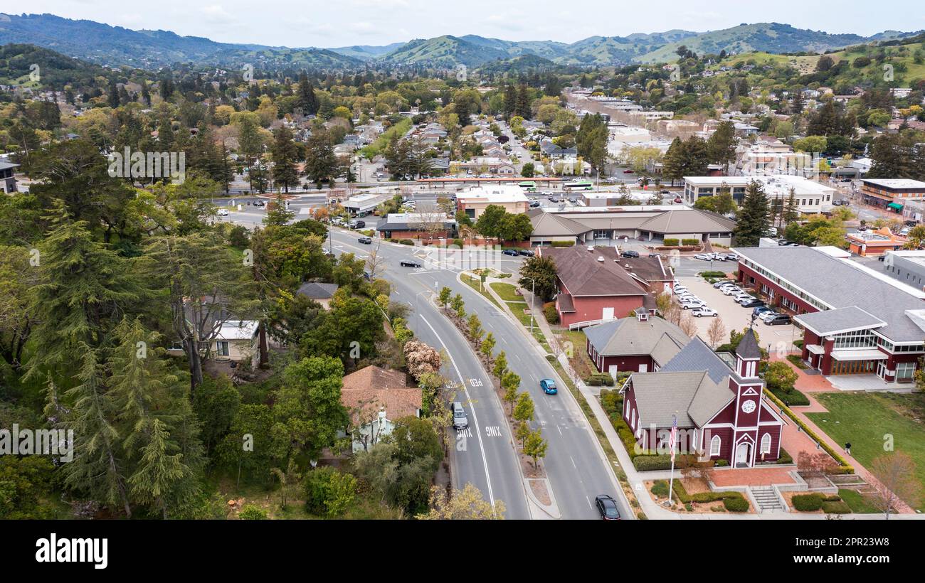 Afternoon aerial view of the historic downtown urban core of Novato