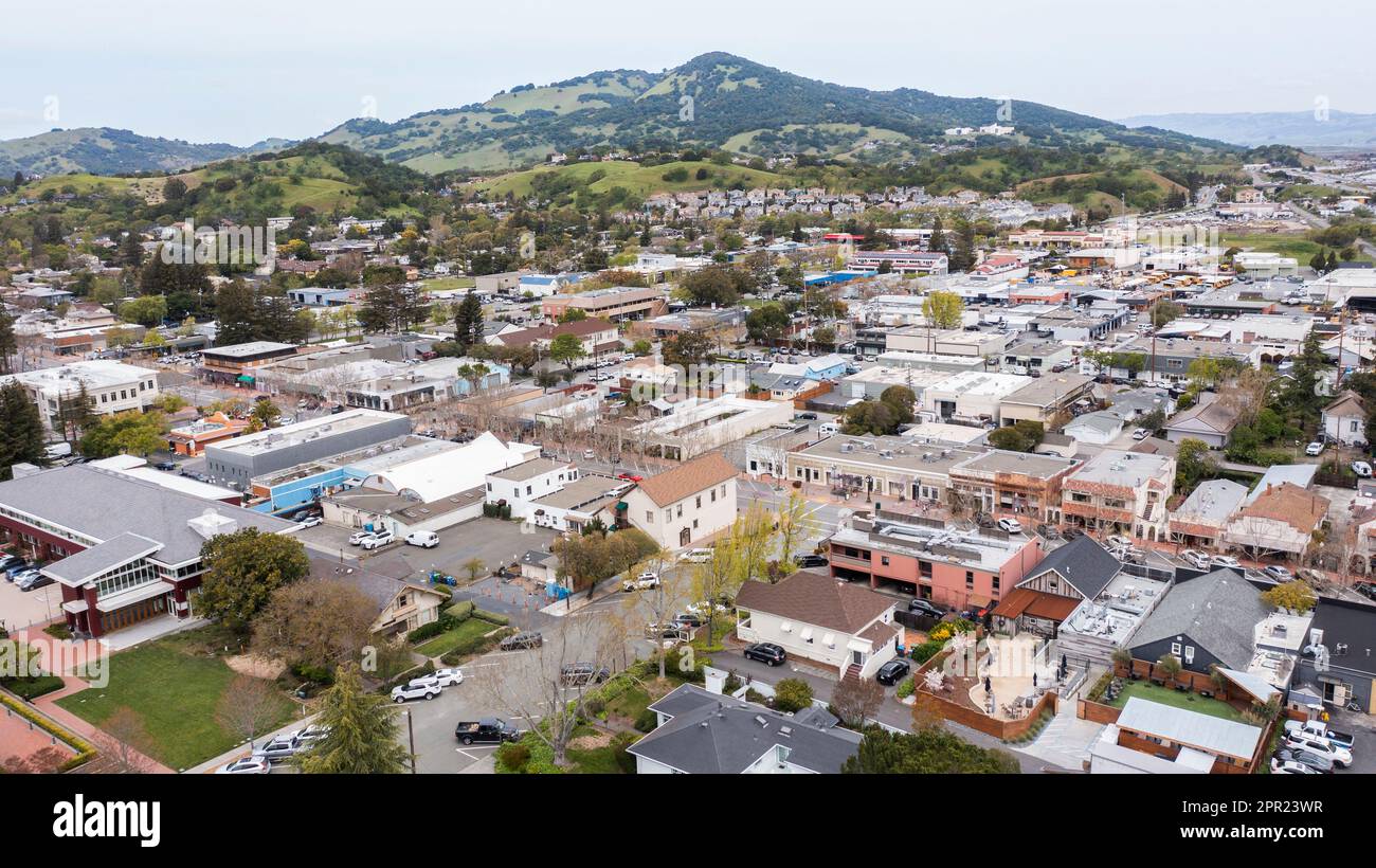Afternoon aerial view of the historic downtown urban core of Novato
