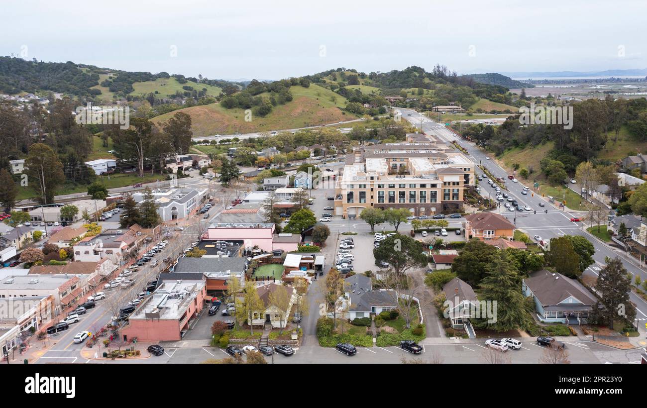 Afternoon aerial view of the historic downtown urban core of Novato