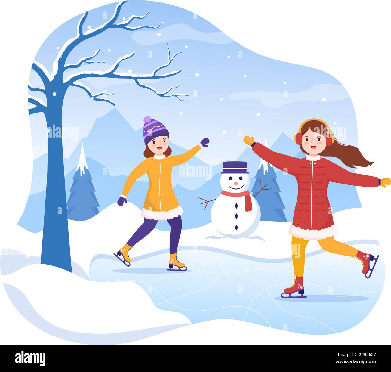 Ice Skating Hand Drawn Cartoon Flat Illustration of Winter Fun Outdoors