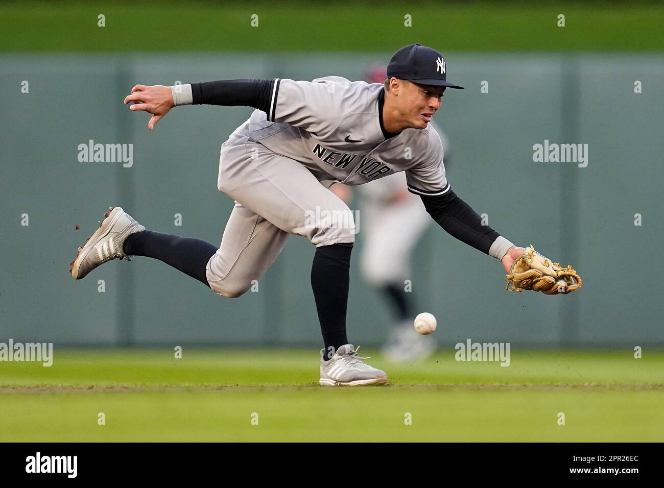 New York Yankees' Anthony Volpe at bat against the Minnesota Twins during  the eighth inning of a baseball game Thursday, April 13, 2023, in New York.  (AP Photo/Adam Hunger Stock Photo - Alamy