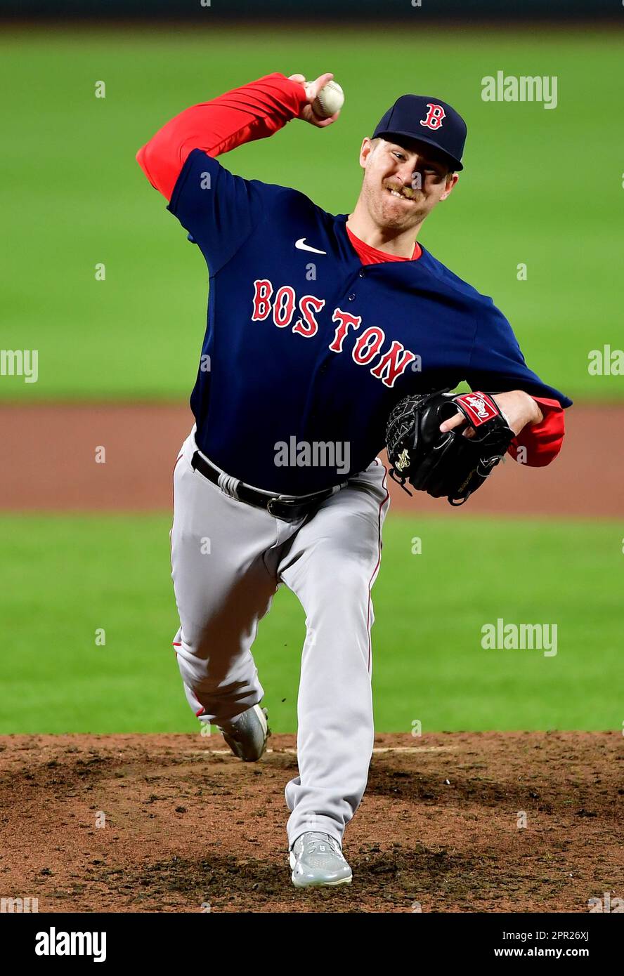 Baltimore, United States. 25th Apr, 2023. Boston Red Sox relief pitcher Josh Winckowski (25) delivers to the Baltimore Orioles during the eighth inning at Camden Yards in Baltimore, Maryland, on Tuesday, April 25, 2023. Photo by David Tulis/UPI Credit: UPI/Alamy Live News Stock Photo