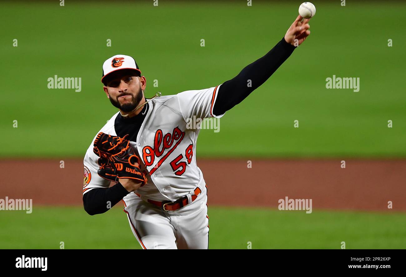 Baltimore, United States. 25th Apr, 2023. Baltimore Orioles relief pitcher Cionel Perez (58) delivers to the Boston Red Sox during the ninth inning at Camden Yards in Baltimore, Maryland, on Tuesday, April 25, 2023. Photo by David Tulis/UPI Credit: UPI/Alamy Live News Stock Photo