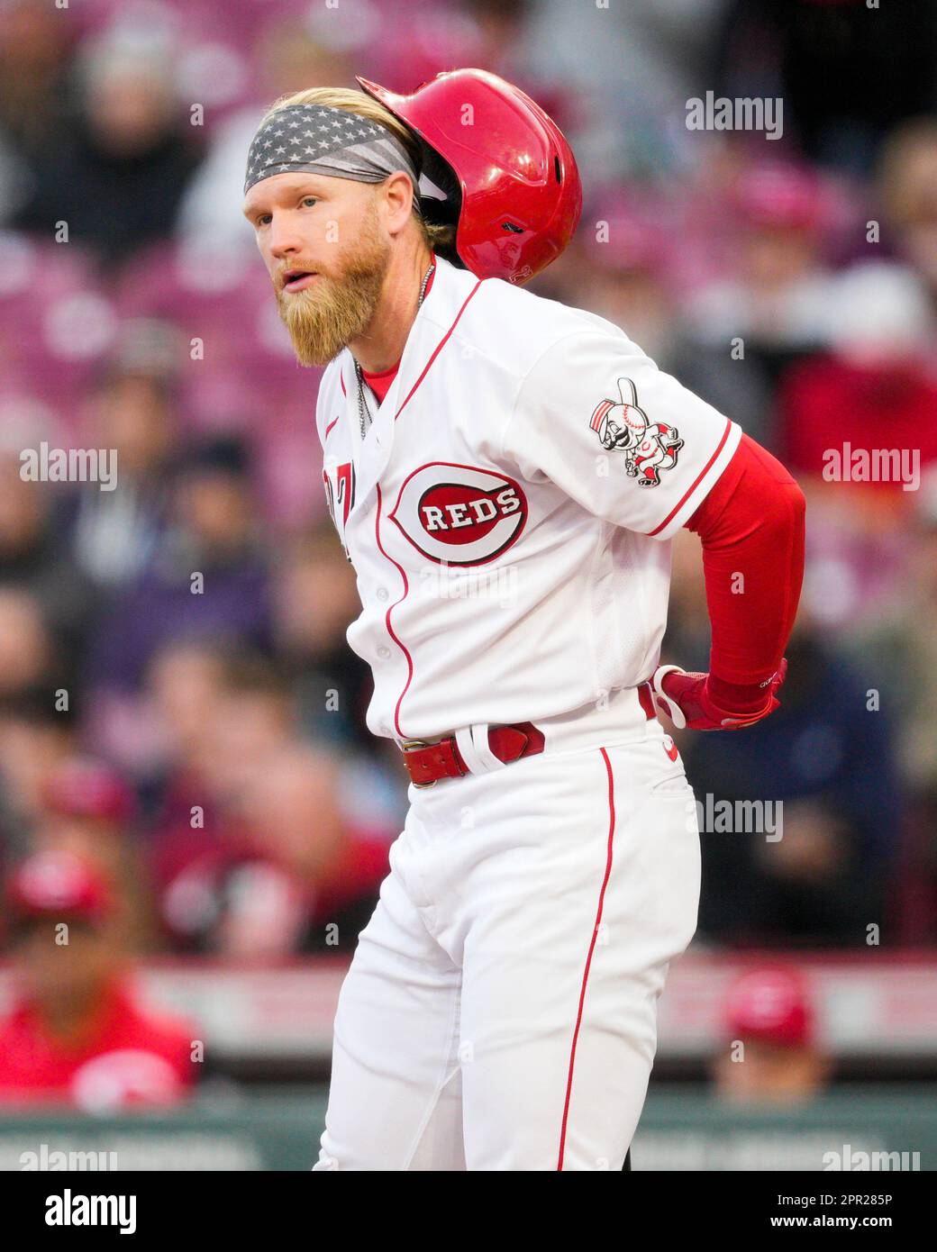 Cincinnati Reds' Jake Fraley takes an atbat in a baseball game against