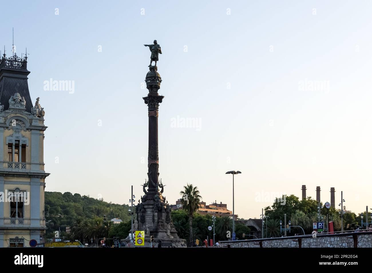 Architectural detail of the Columbus Monument, a 60 m tall monument to Christopher Columbus at the lower end of La Rambla, Barcelona Stock Photo