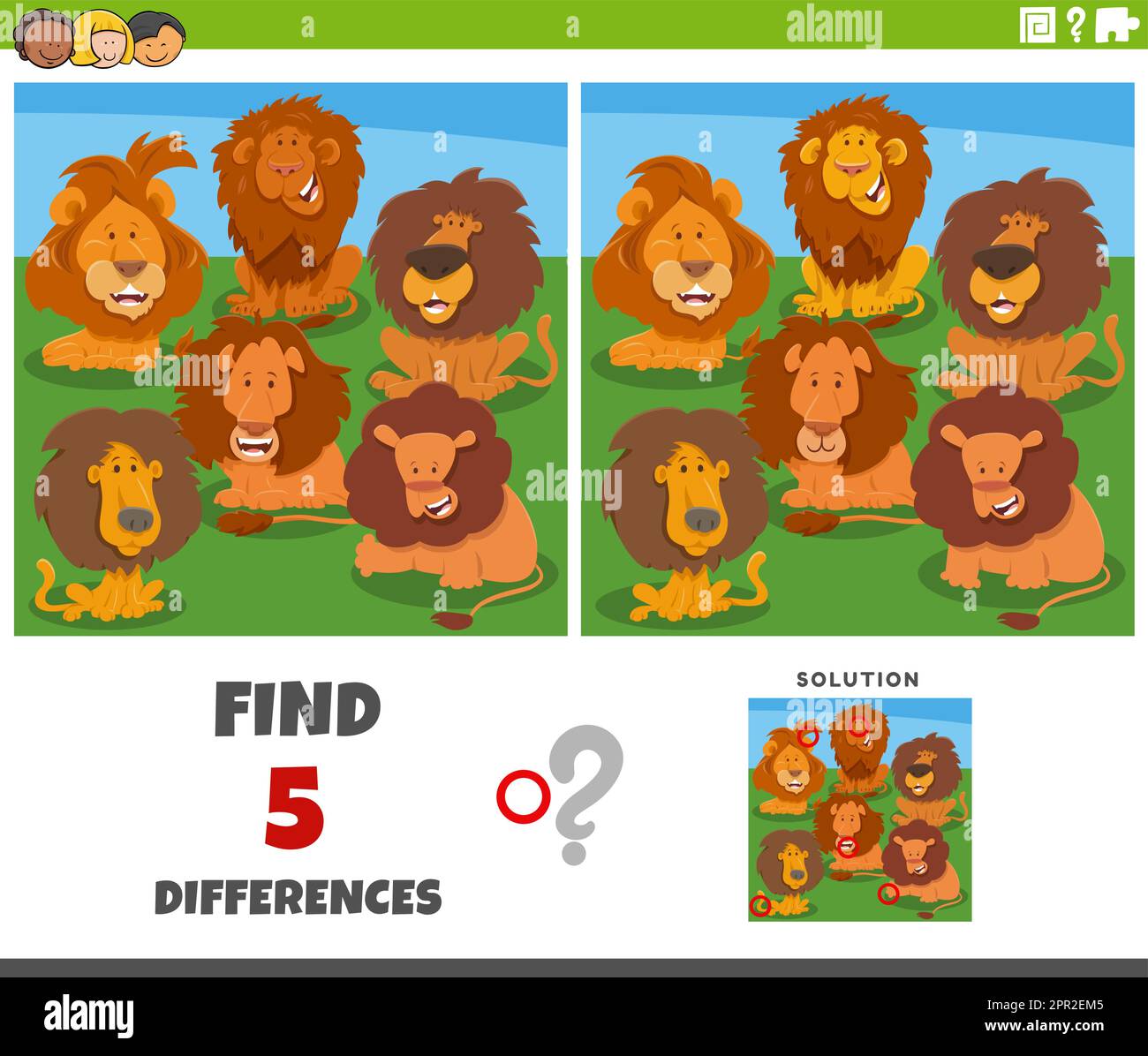 differences game with cartoon lions animal characters Stock Vector ...