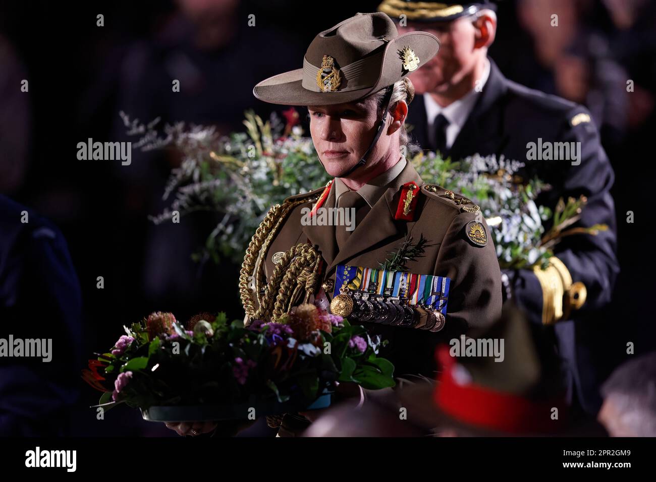 Sydney, Australia. 25th Apr, 2023. Major General Susan Coyle lays a wreath during the ANZAC Day Dawn Service at the Martin Place Cenotaph on April 25, 2023 in Sydney, Australia Credit: IOIO IMAGES/Alamy Live News Stock Photo
