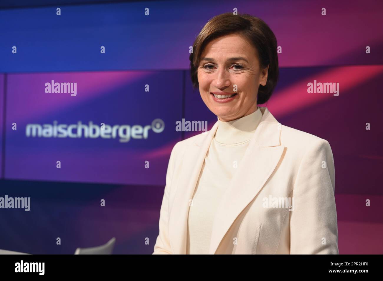 Cologne, Germany. 25th Apr, 2023. Moderator Sandra Maischberger poses in your ARD talk show ' Maischberger ' in front of the lettering, logo of the program Credit: Horst Galuschka/dpa/Horst Galuschka dpa/Alamy Live News Stock Photo