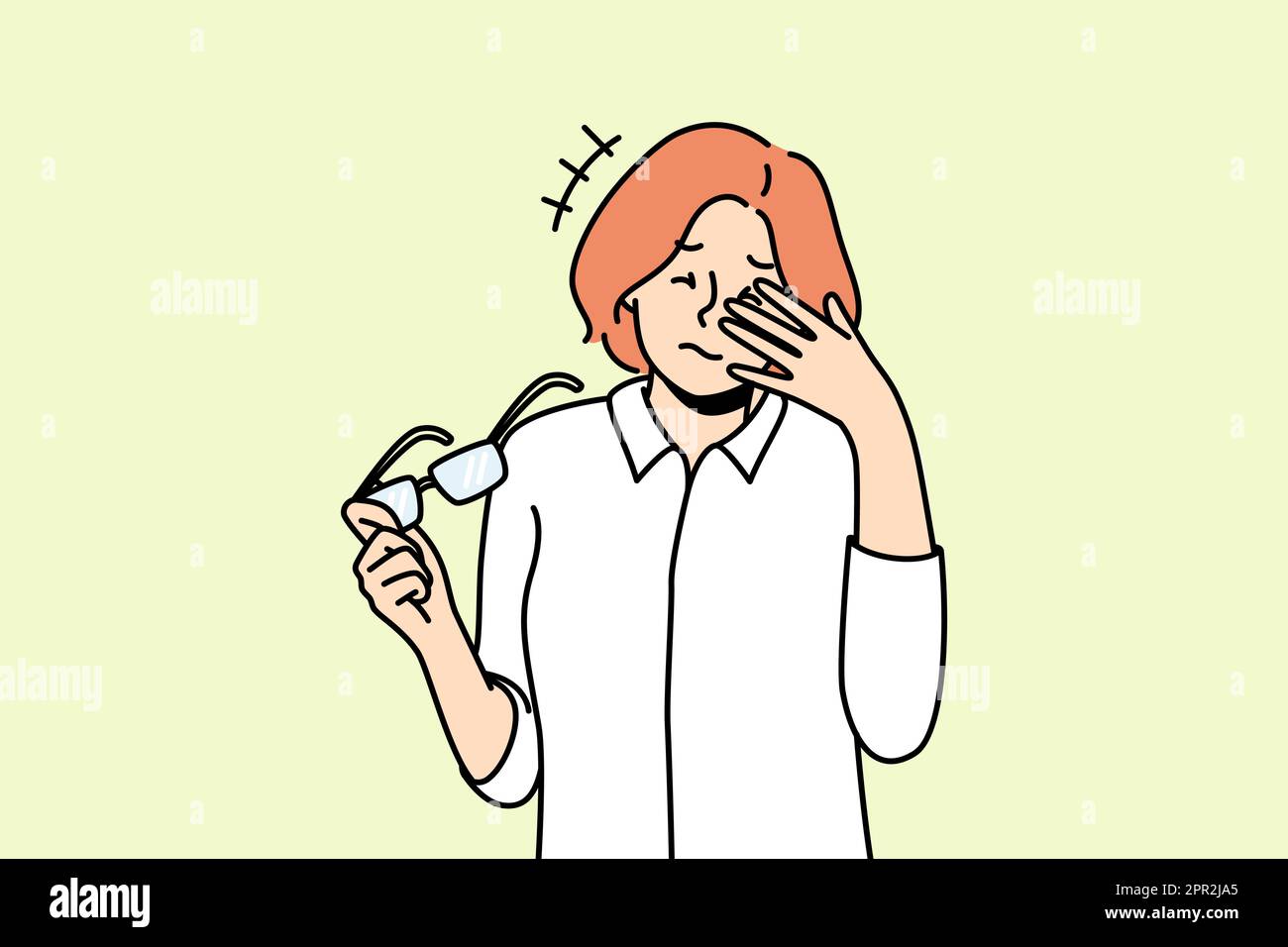Unhealthy woman take off glasses suffer from headache Stock Vector