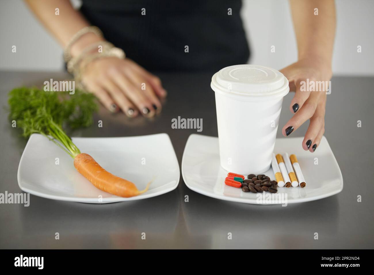 Woman, healthy plate choice and unhealthy nutrition of coffee cup