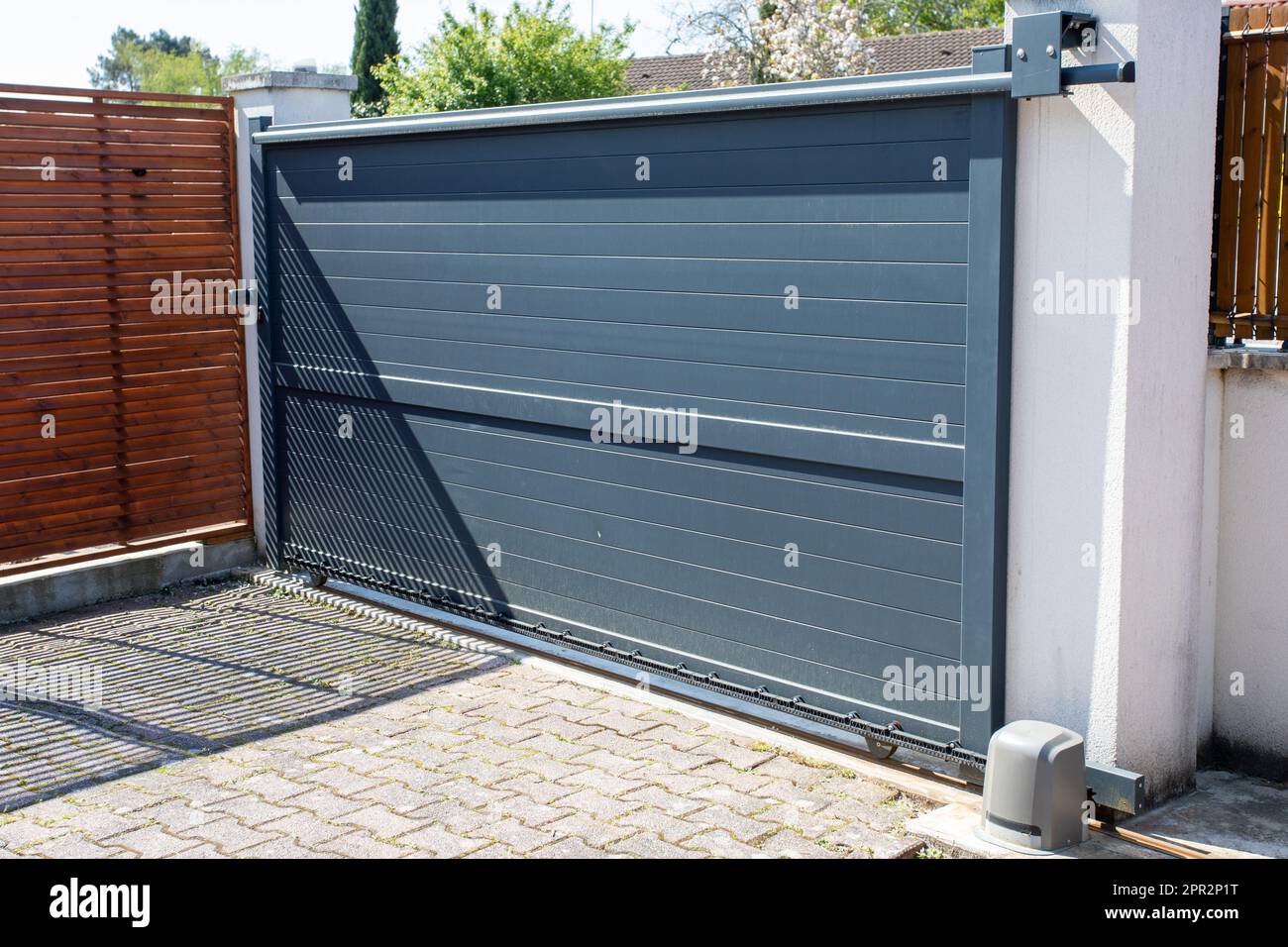 Aluminum design grey metal gate of modern suburb house steel engine