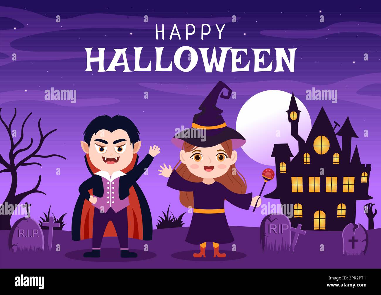 Happy Halloween Template Background Hand Drawn Cartoon Flat Illustration with Children Wearing Various Costumes, Haunted House, Pumpkins, Bats and Full Moon Stock Vector