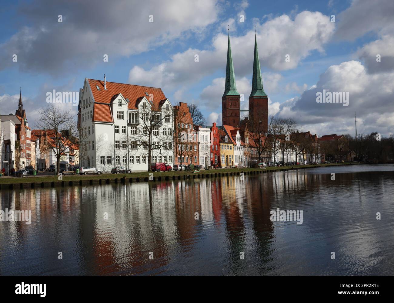 06 March 2023, SchleswigHolstein, Lübeck The two towers of the cathedral tower above the