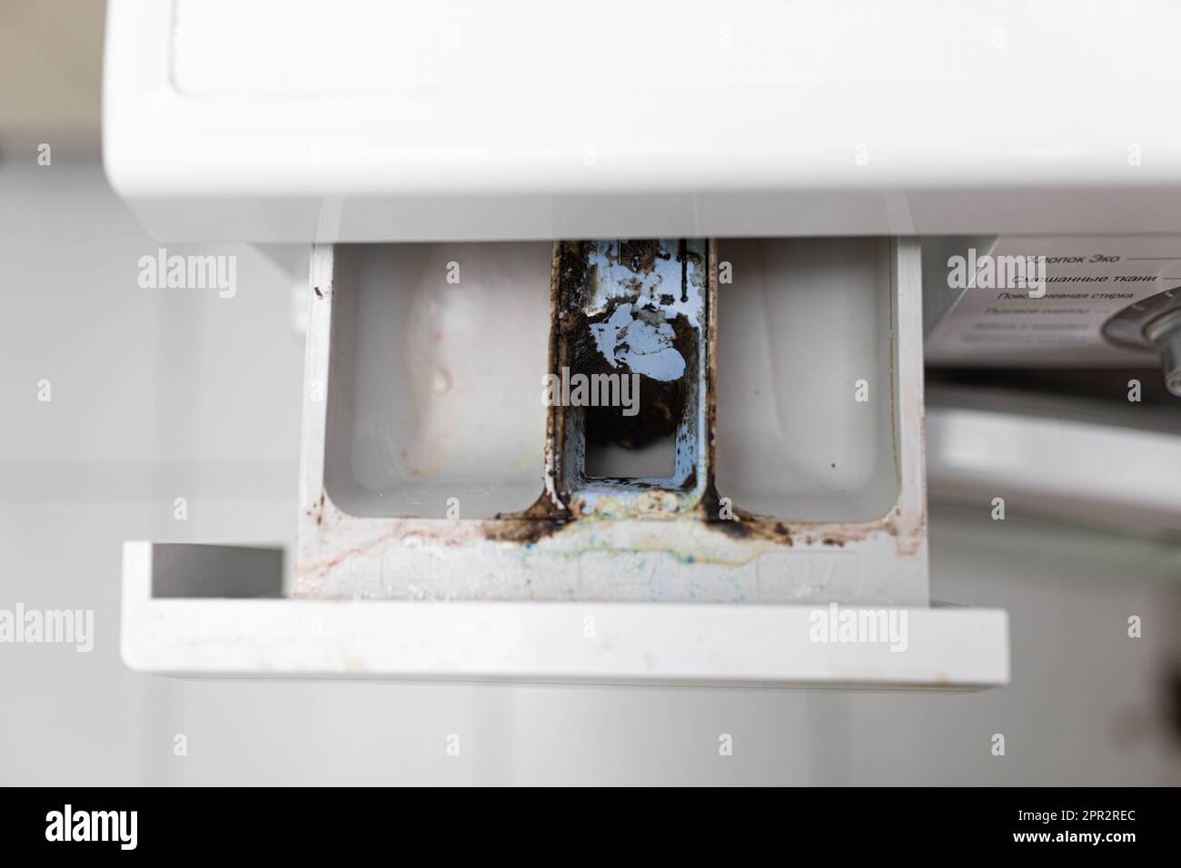 Black mold, dirt clothes washer machine with open broken dispenser