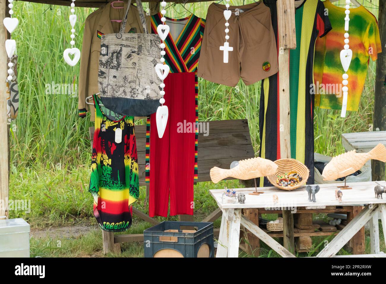 roadside market stall selling rastafarian style, design clothes and objects with no people in Johannesburg, South Africa Stock Photo