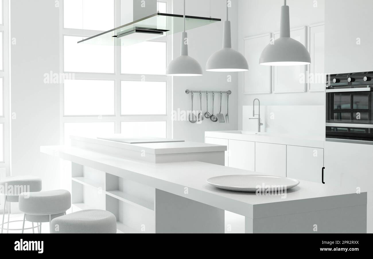 Photo of a modern all-white kitchen with sleek countertops and minimalist white stools 3d render illustration Stock Photo
