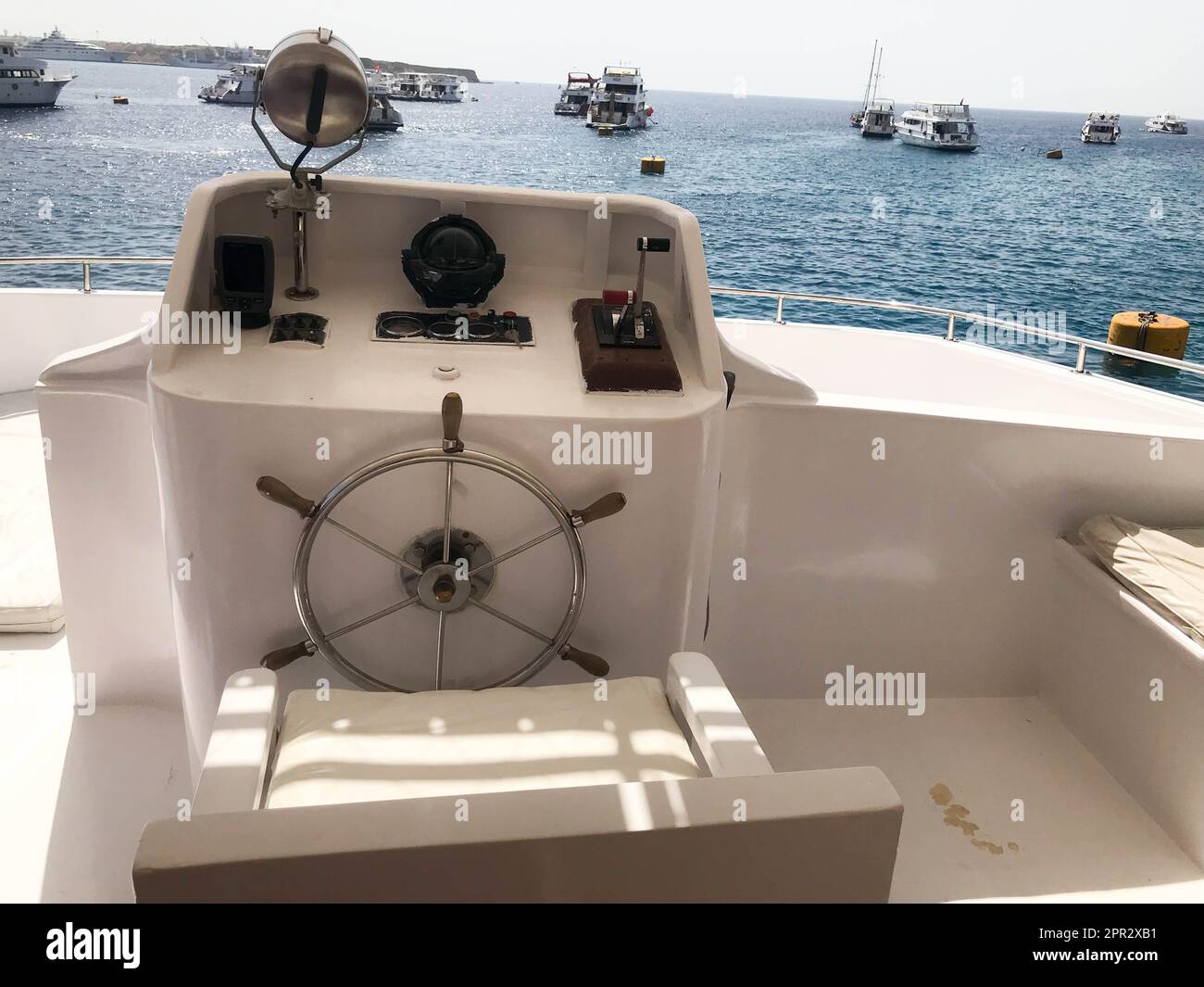 Captain's cabin on a ship, boat, cruise liner with a steering wheel