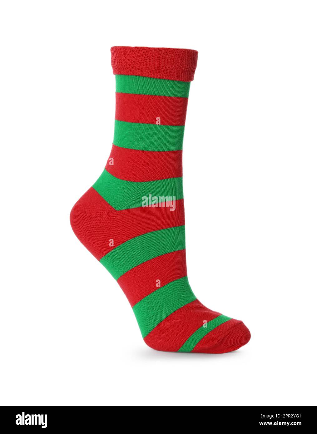 One red and green striped sock isolated on white Stock Photo