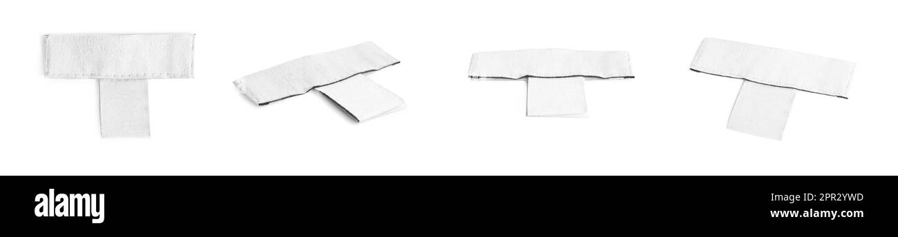 Blank clothing labels on white background, collage. Banner design Stock