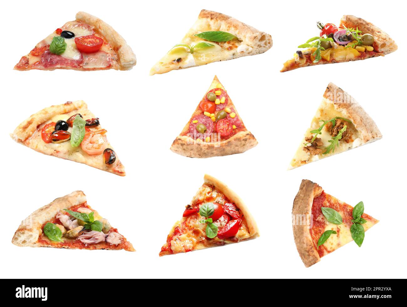 Set with slices of different pizzas on white background Stock Photo