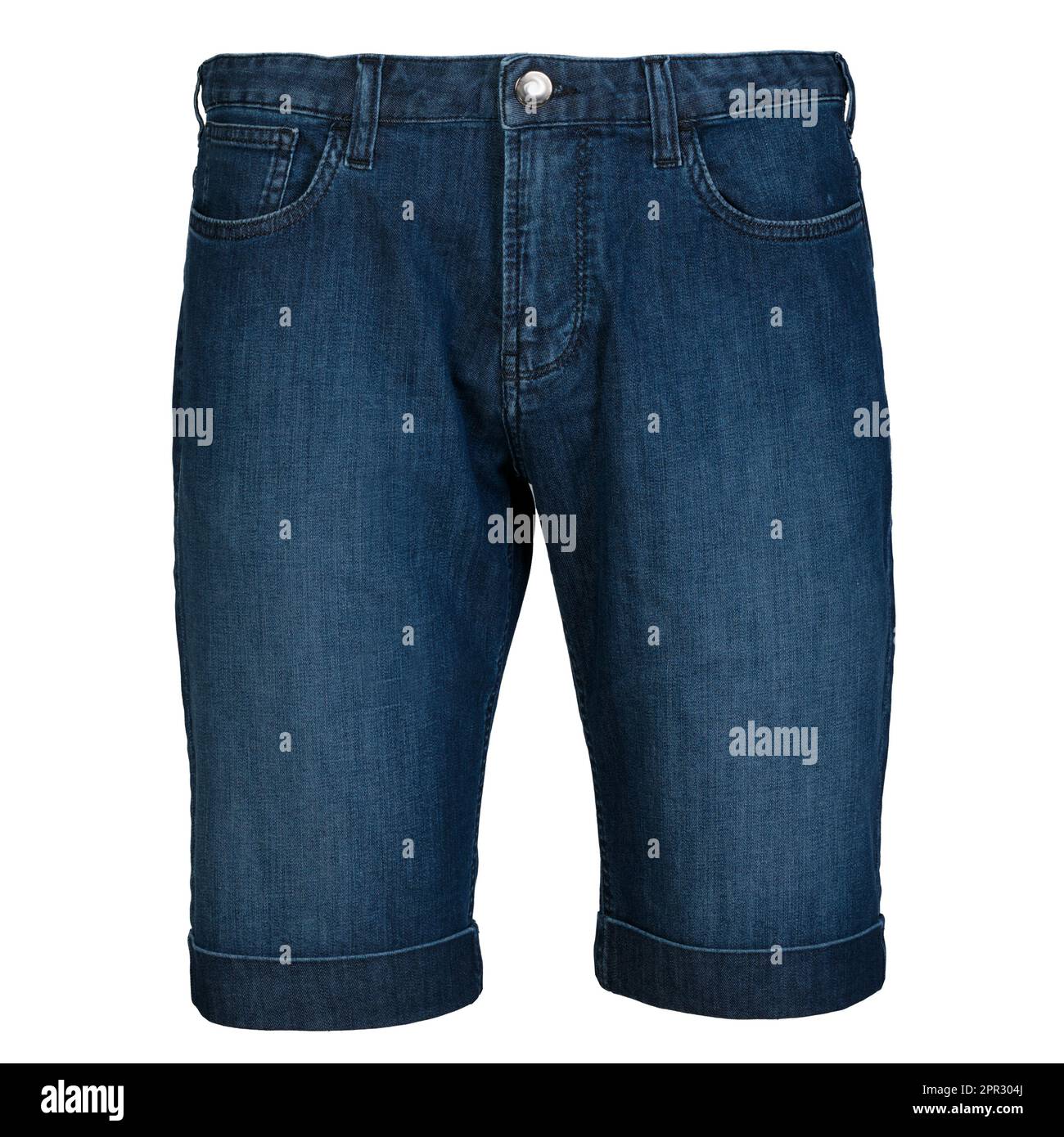 Blue denim shorts path isolated on white. Front side Stock Photo