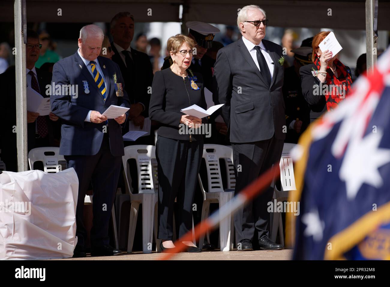 Sydney, Australia. 25th Apr, 2023. Ray James RSL NSW President, Margaret Beazley Governor of NSW and Dennis Wilson seen during the ANZAC Day Commemoration Service at the Anzac Memorial, Hyde Park South on April 25, 2023 in Sydney, Australia Credit: IOIO IMAGES/Alamy Live News Stock Photo