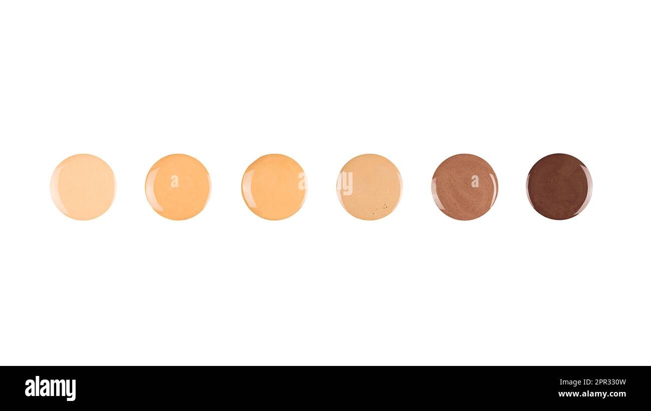 Diverse skin tone makeup foundation round drops. Isolated, cut out