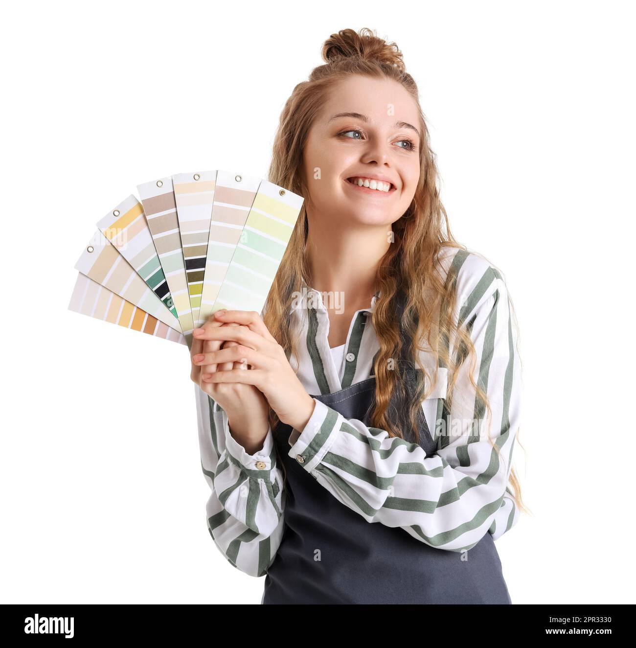 Female artist with paint color palettes on white background Stock Photo ...