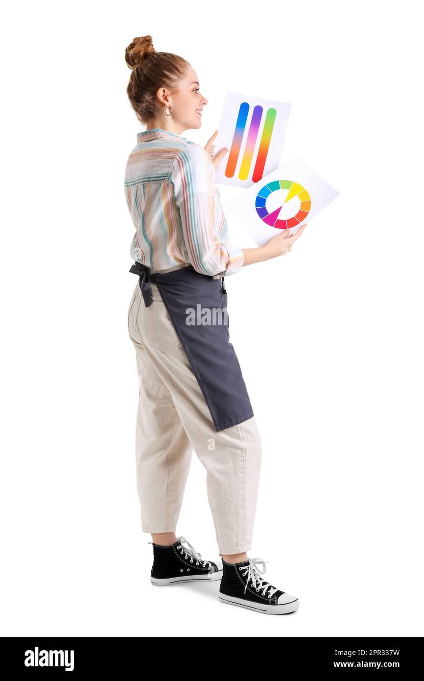 Female artist with paint color palettes on white background Stock Photo ...