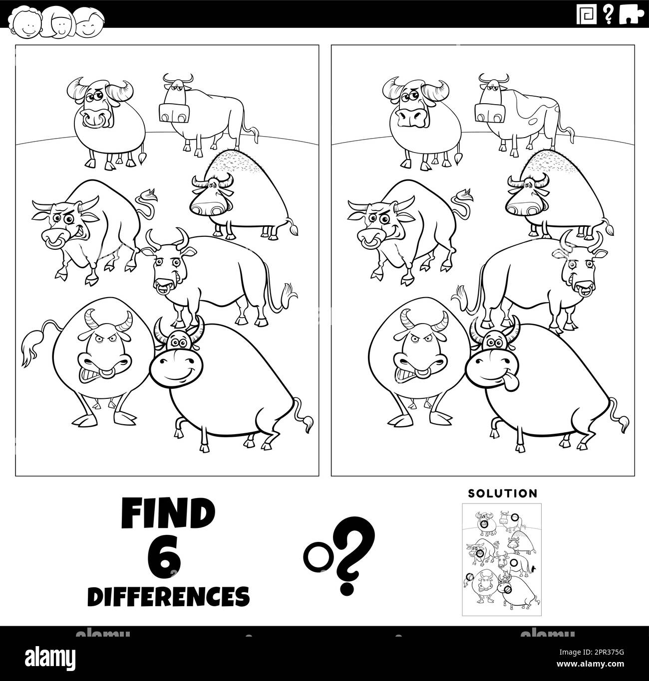differences game with cartoon bulls farm animals coloring page Stock ...
