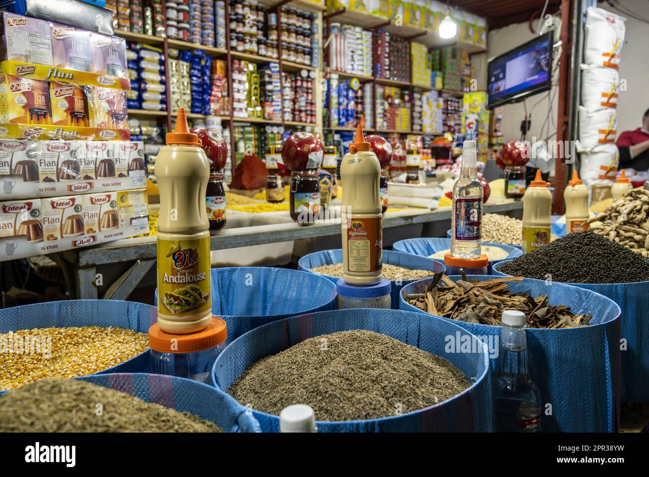 Spice shop in the medina of Asilah. Stock Photo