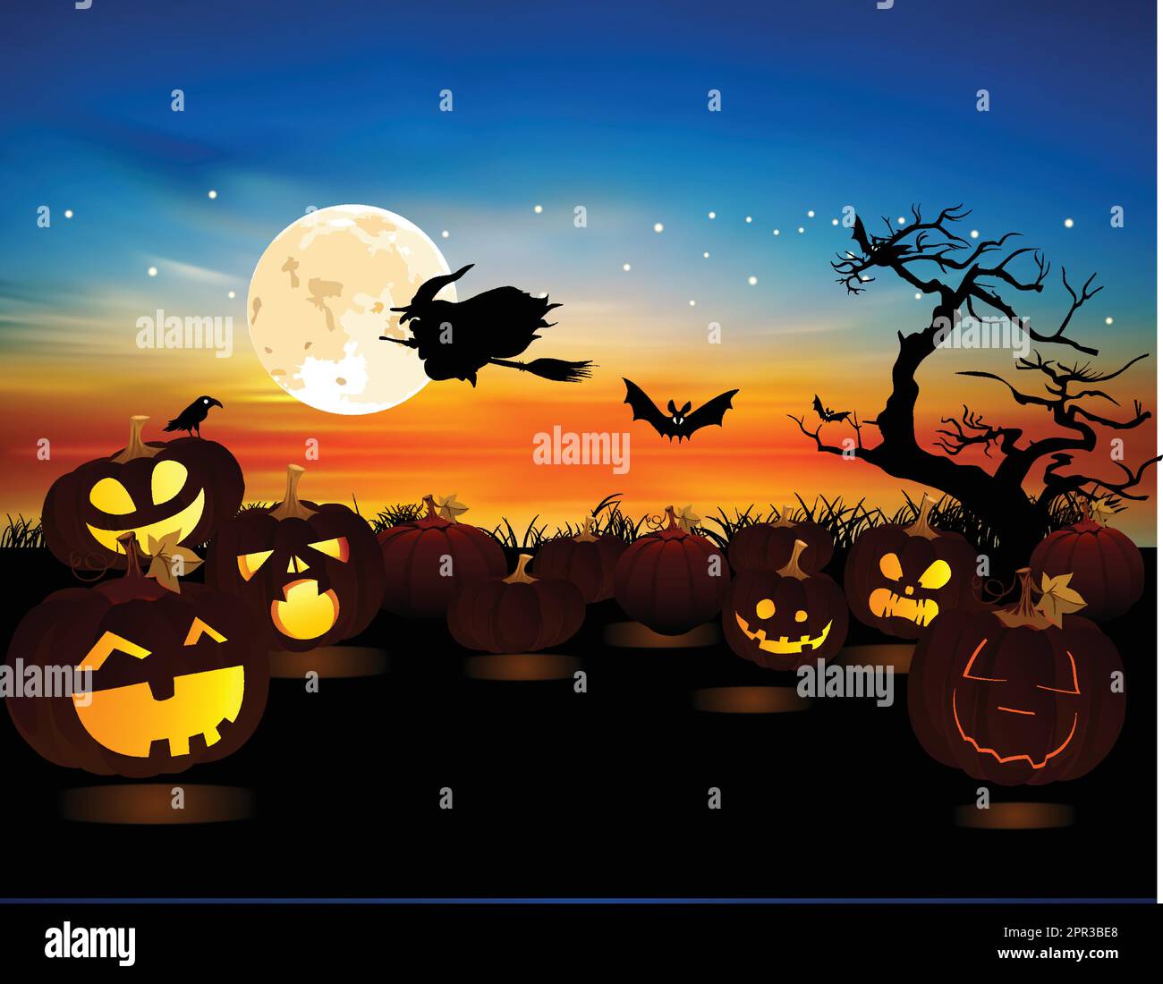 illustration with scary pumpkins, bats, peering eyes and a witch flying by the moon Stock Vector