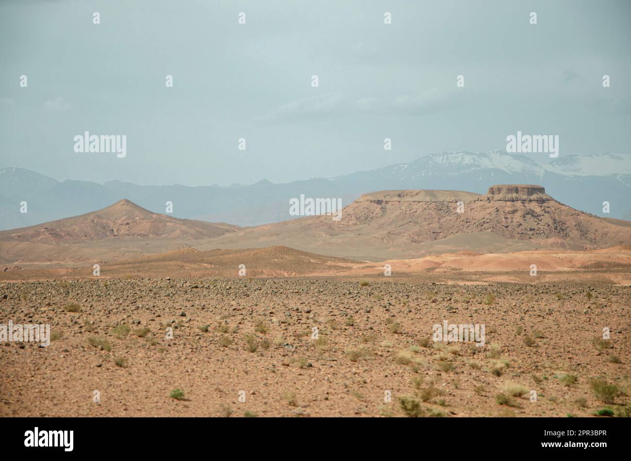 Desert landscapes in Morocco, desolate lands with paths that lead to remote and unexplored corners. Climate change and arid climate. Desertification Stock Photo