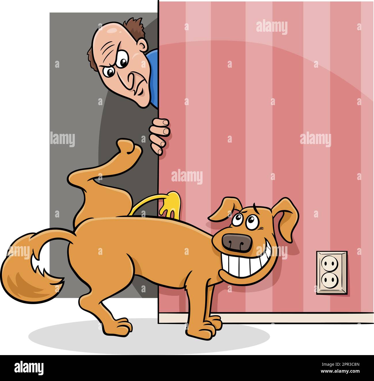 cartoon dog peeing on the wall at home and his angry owner Stock Vector
