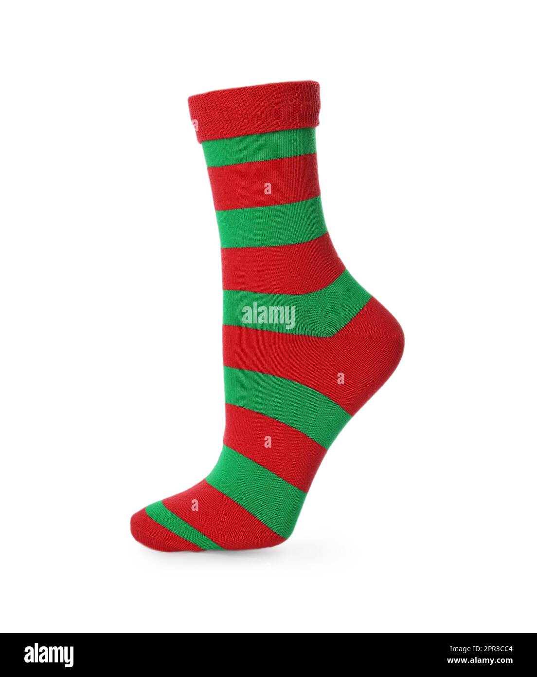 One red and green striped sock isolated on white Stock Photo