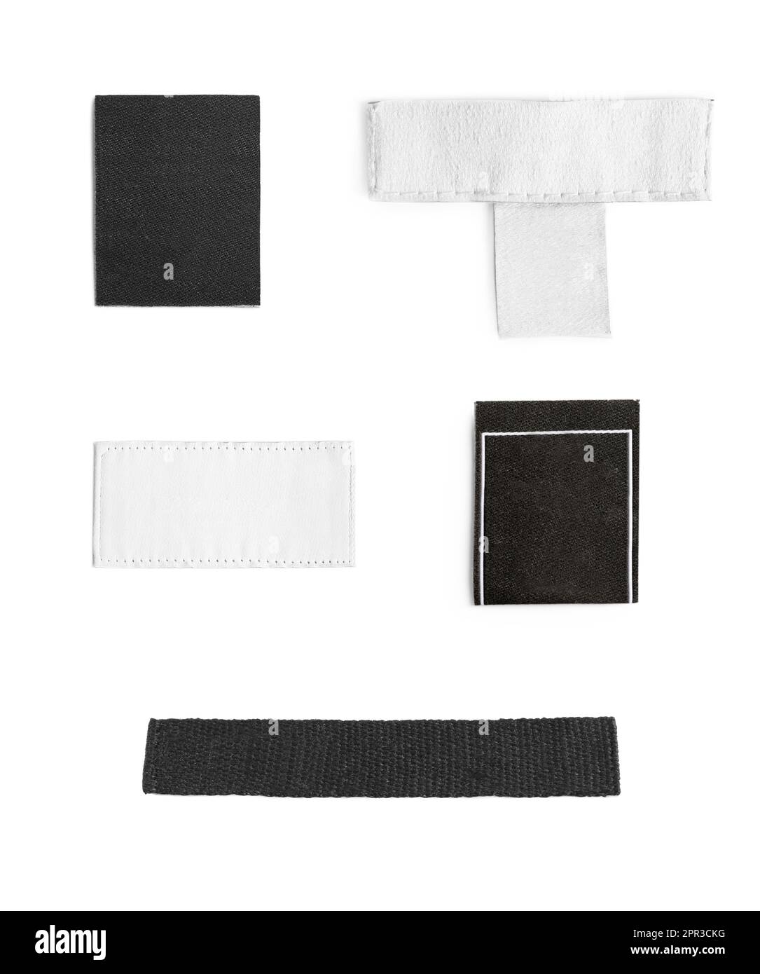 Different blank clothing labels on white background, collage Stock