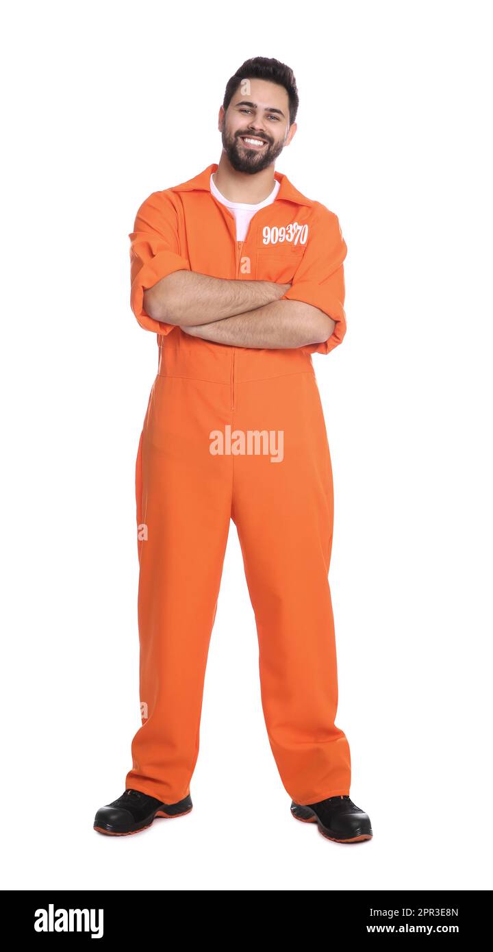 Happy prisoner in special jumpsuit on white background Stock Photo