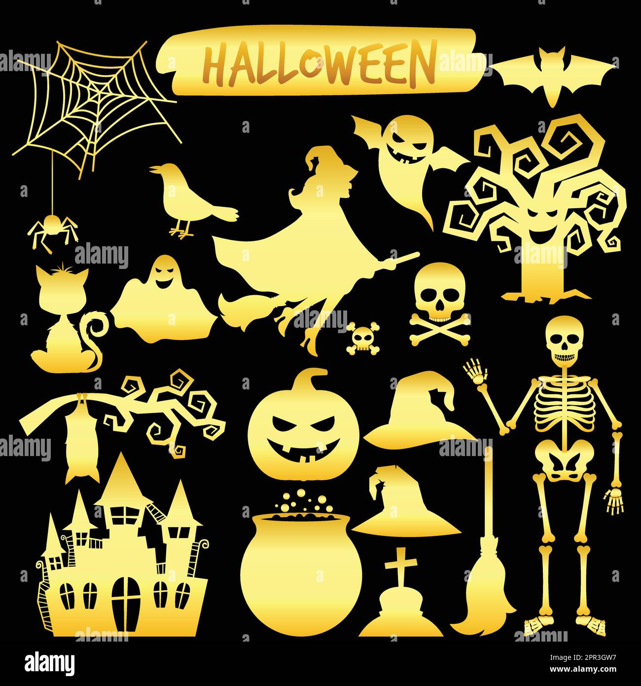 Gold silhouettes happy halloween icons stock vector image art alamy