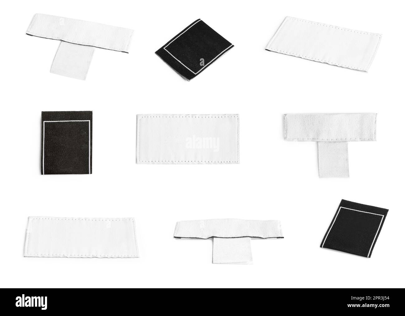 Different blank clothing labels on white background, collage Stock