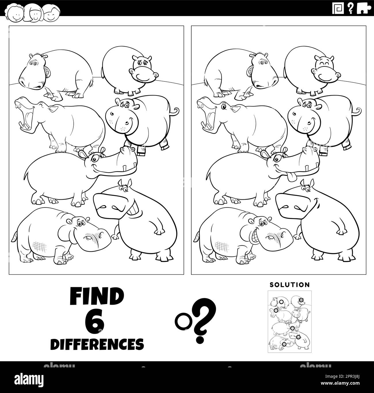 differences game with cartoon hippos coloring page Stock Vector Image