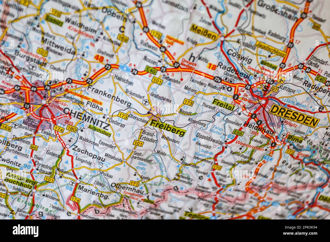 Ratingen, Germany, 26 April 2023. View of the German cities of Chemnitz and Dresden on a map.  From 1st May 2023, travellers in Germany will be able t Stock Photo