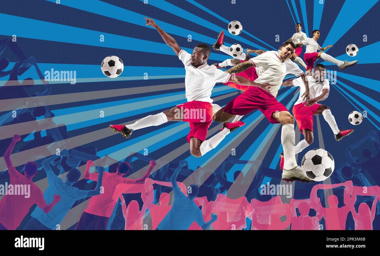 Creative collage. Male football players in motion with ball playing