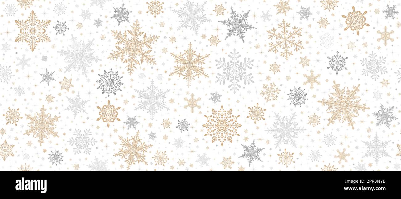 Seamless decorative Christmas background with stars and snowflakes. Christmas and Happy New Year golden and silver background with snowflakes. Stock Photo
