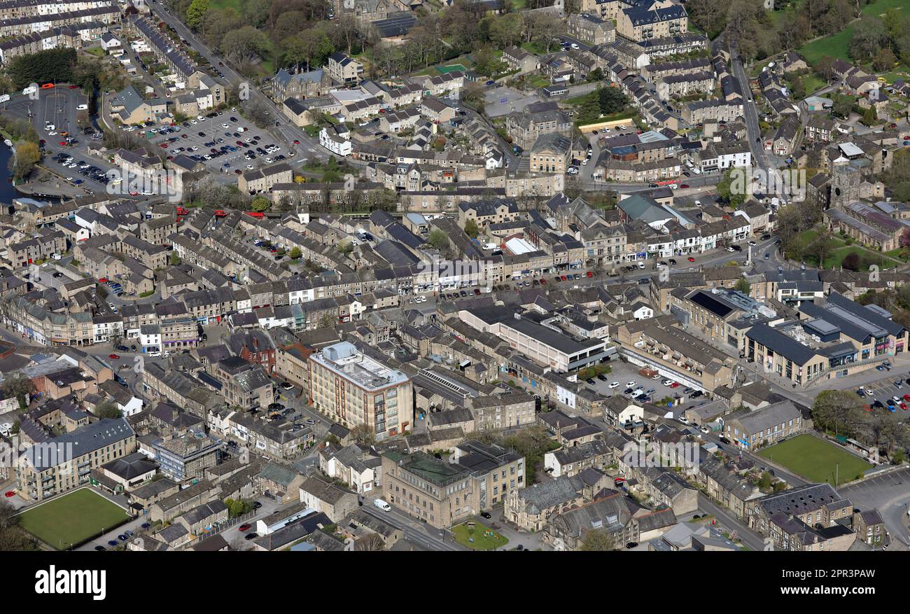 general aerial view of Skipton town centre from the east looking west, North Yorkshire, UK Stock