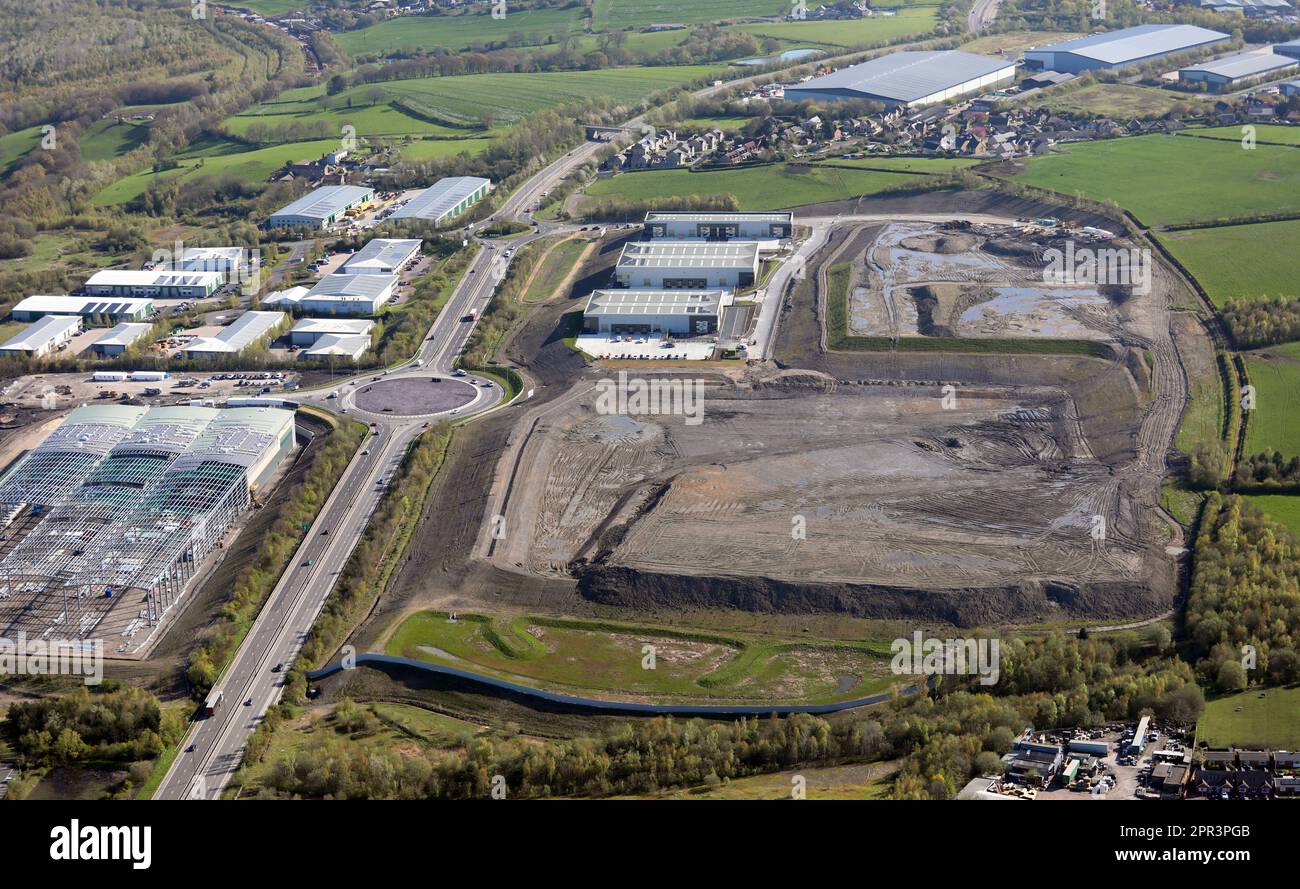 aerial view of industrial estates, the Gateway 36 development and development land along the A6195 road at Hoyland near Barnsley, South Yorkshire Stock Photo