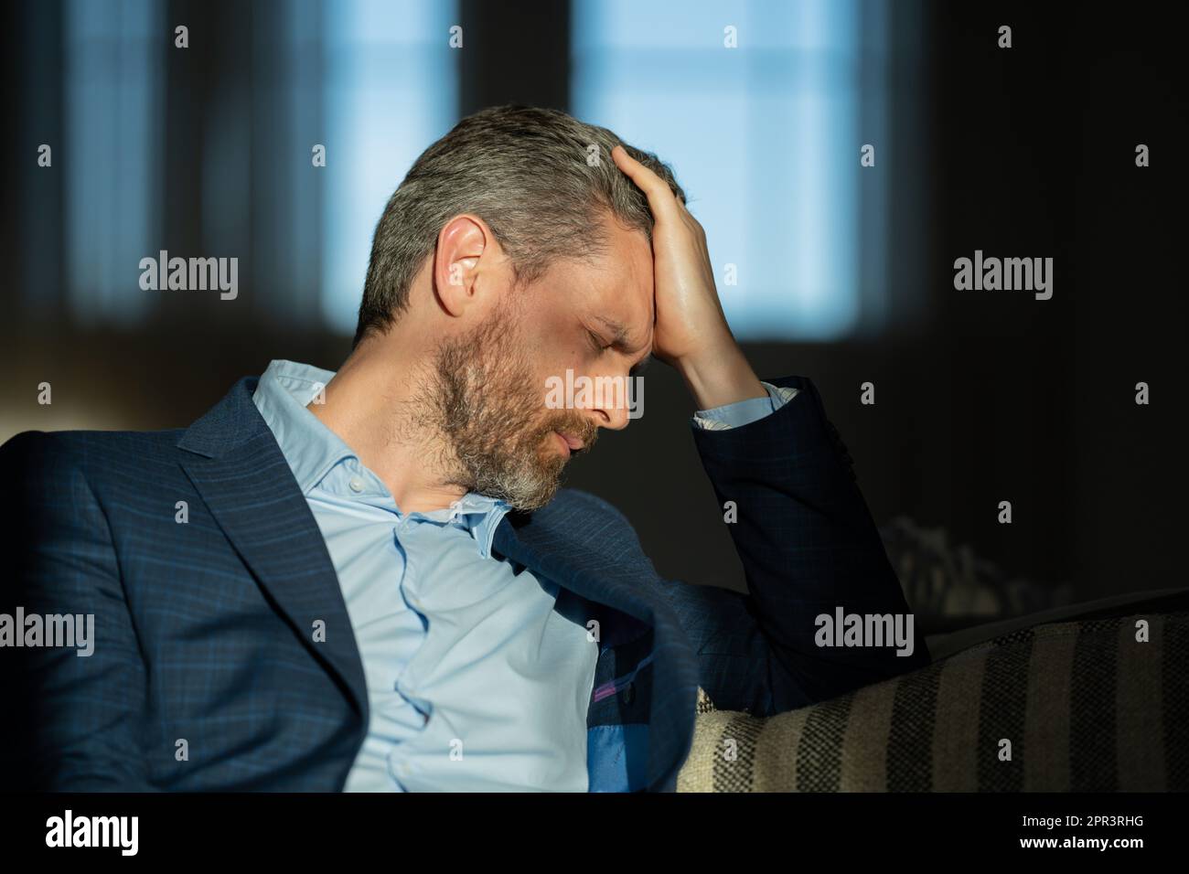 Tired, headache and eye strain. Businessman with stress, burnout and